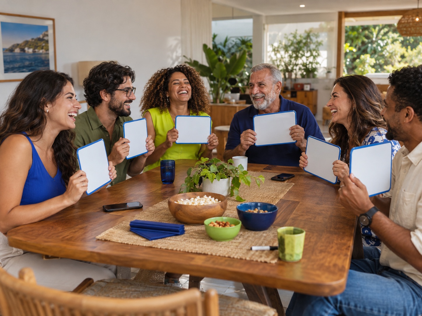 Grupo de adultos reunidos à mesa, rindo e segurando lousas.